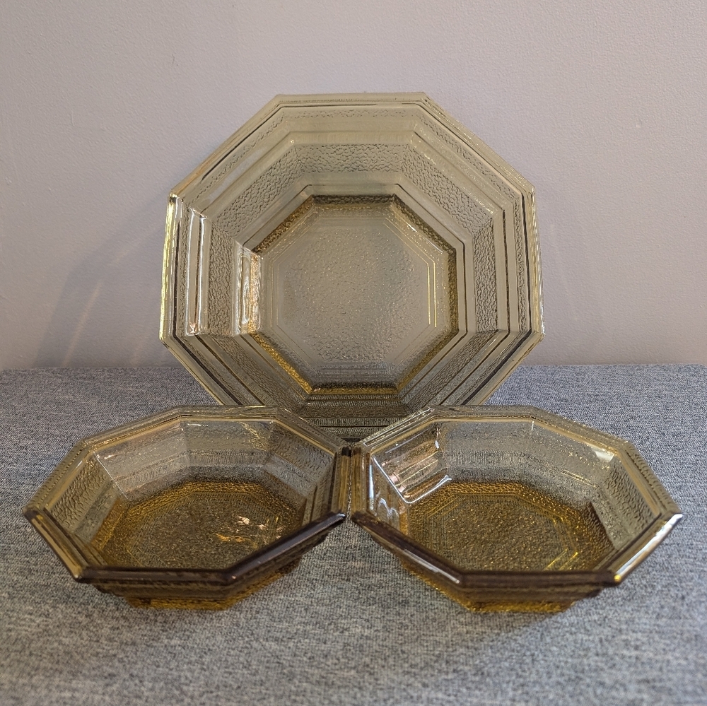 Anchor Hocking Amber Glass Octagon Pebbled 3pc Chip & Dip Set (No Basket)